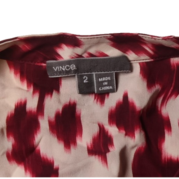 Vince Silk Blouse Burgundy Cream Abstract Print Split Neck Long Sleeve Size 2 - Picture 9 of 12